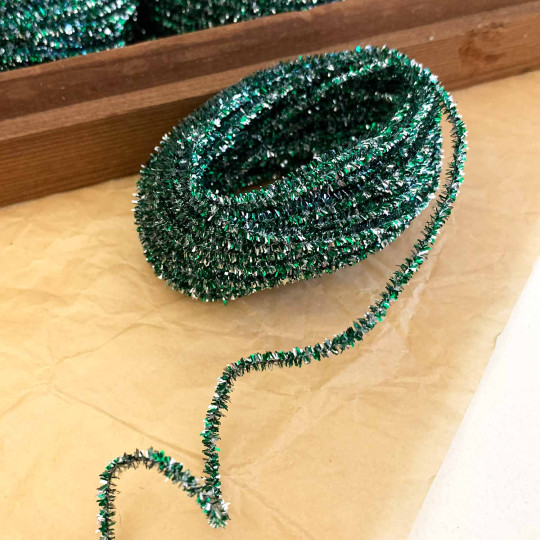 Mini Metallic Wired Tinsel Cord in Green + Silver ~ 1/8" wide ~ 10 meter length